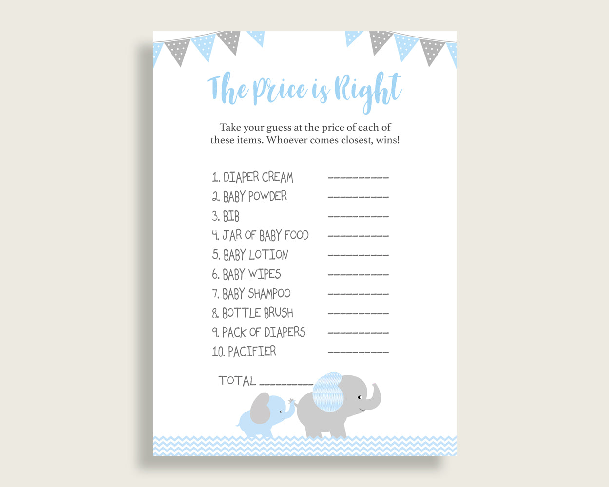 Blue Grey The Price Is Right Game, Elephant Baby Shower Boy Activity, Guess The Price Game Printable, Instant Download, Chevron Theme ebl02