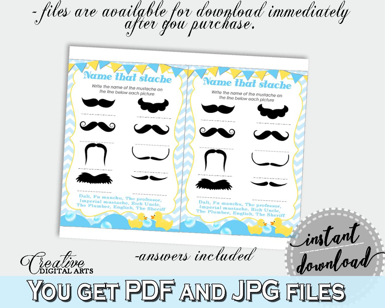 Name That Stache, Rubber Duck Blue Baby Shower Boy Theme in Blue And Mint, answers, rubber duckie, party décor, party ideas, prints - rd002 - Digital Product