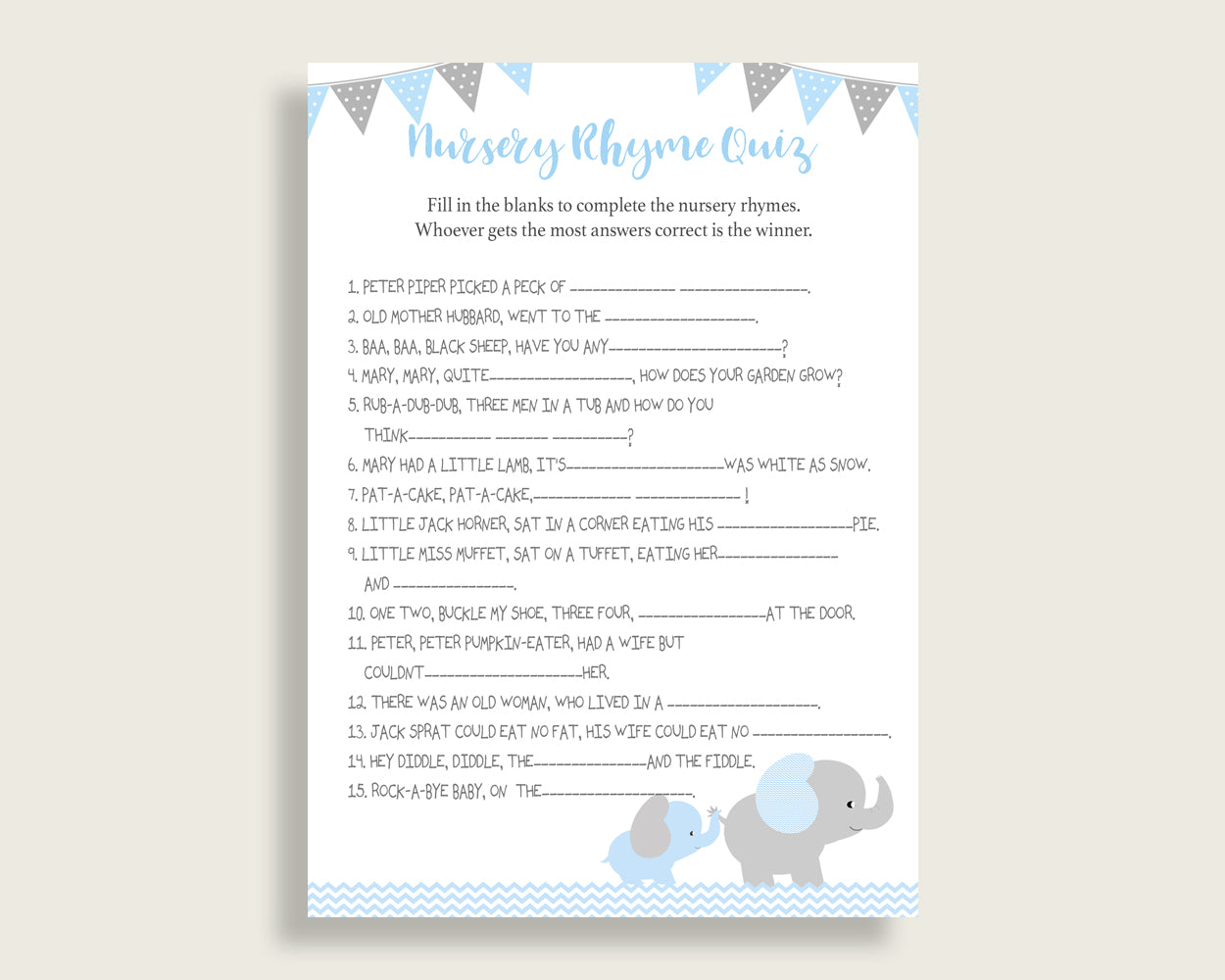 Elephant Nursery Rhyme Quiz Printable, Blue Grey Nursery Rhyme Game, Blue Grey Baby Shower Boy Activities, Instant Download, ebl02