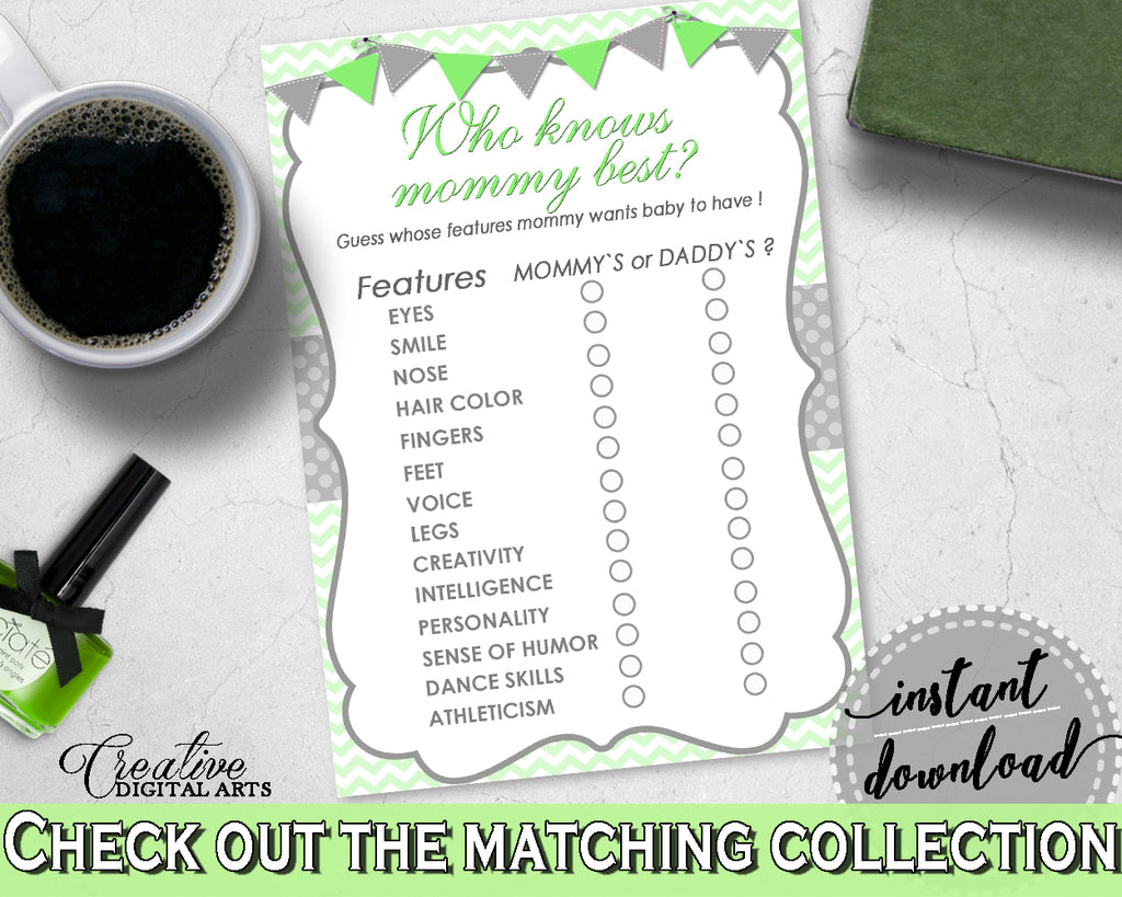Who KNOWS MOMMY BEST baby shower game with chevron green theme printable, digital files Jpg Pdf, instant download - cgr01