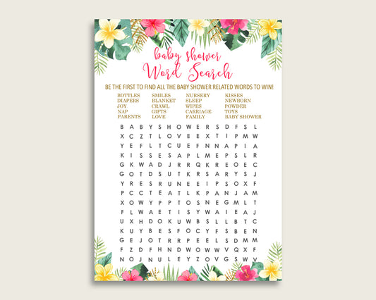 Hawaiian Word Search Game, Pink Green Baby Shower Word Search Cards Printable, Girl Baby Shower Activities, Hidden Words, Instant 955MG