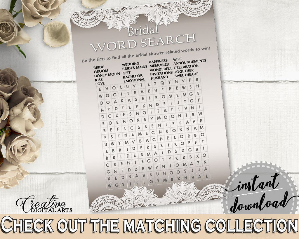 Word Search in Traditional Lace Bridal Shower Brown And Silver Theme, blanket, shabby chic bridal, shower celebration, party ideas - Z2DRE - Digital Product