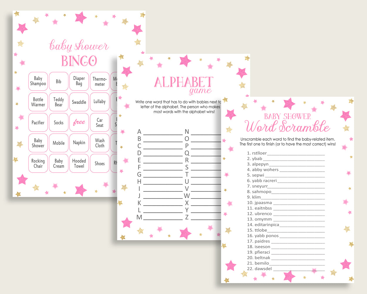 Twinkle Star Baby Shower Games Printable Pack, Pink Gold Baby Shower Games Package Girl, Twinkle Star Games Bundle Set, Instant bsg01