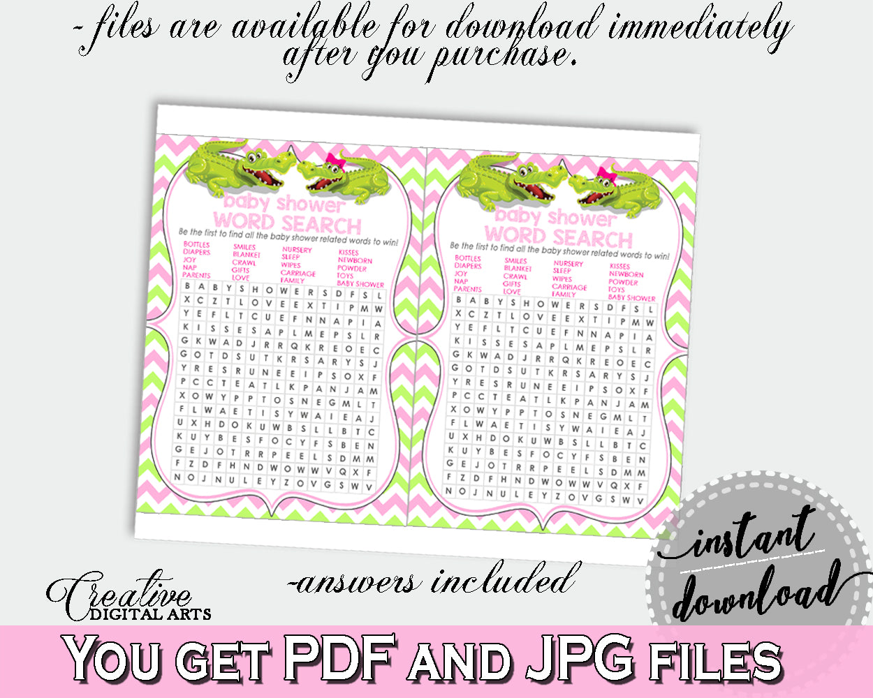 Baby Shower WORD SEARCH game with green alligator and pink color theme, instant download - ap001