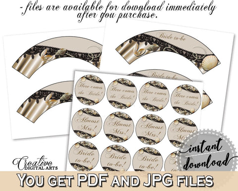 Brown And Beige Seashells And Pearls Bridal Shower Theme: Cupcake Toppers And Wrappers - bridal decoration, party planning, prints - 65924 - Digital Product