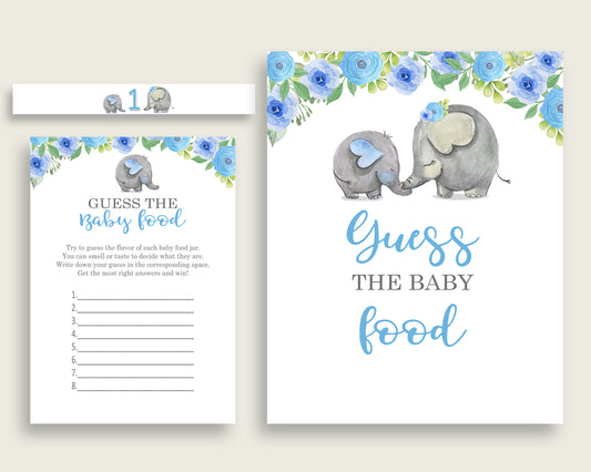 Blue Gray Elephant Blue Guess The Baby Food Game Printable, Boy Baby Shower Food Guessing Game Activity, Instant Download, Mammoth ebl01