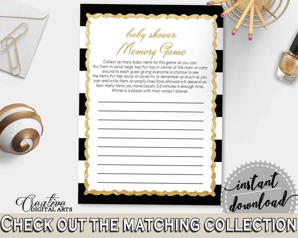 Baby Shower MEMORY game with black white strips color theme printable, glitter gold, digital file jpg pdf, instant download - bs001