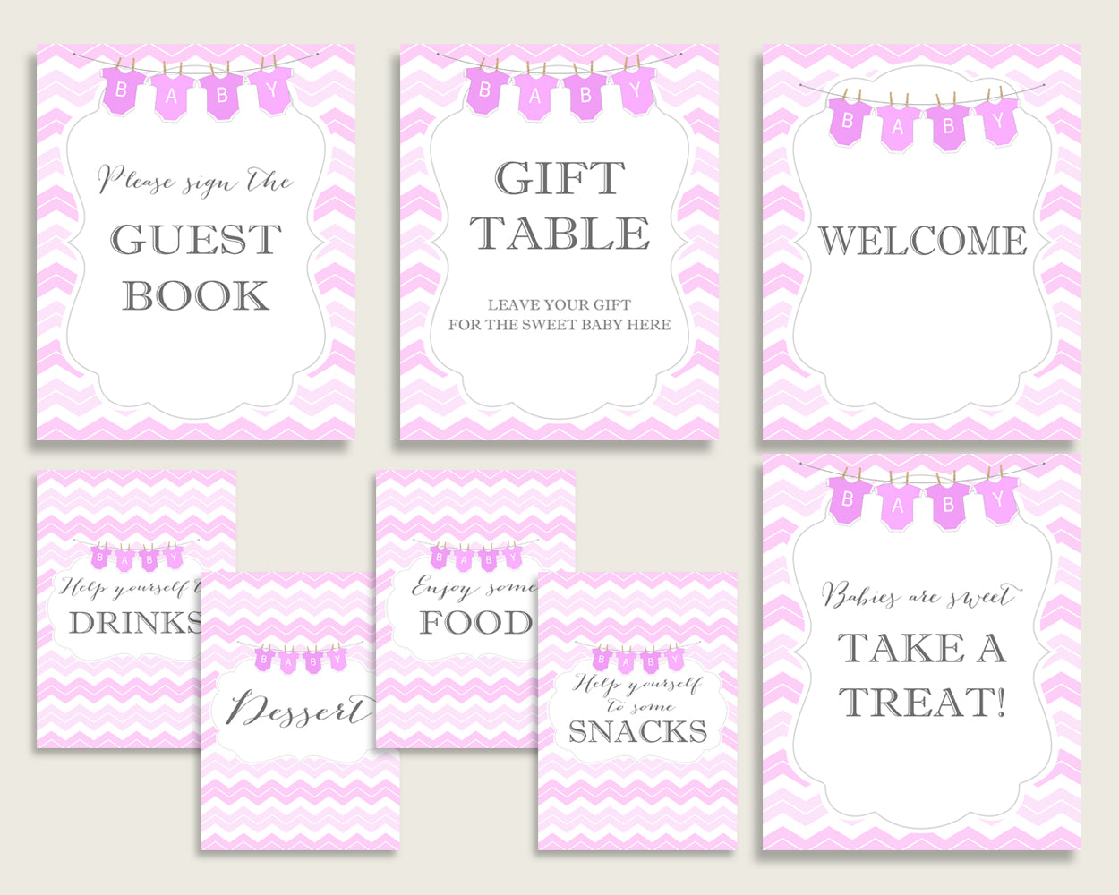 Chevron Baby Shower Girl Table Signs Printable, Pink White Party Table Decor, Favors, Food, Drink, Treat, Guest Book, Instant cp001