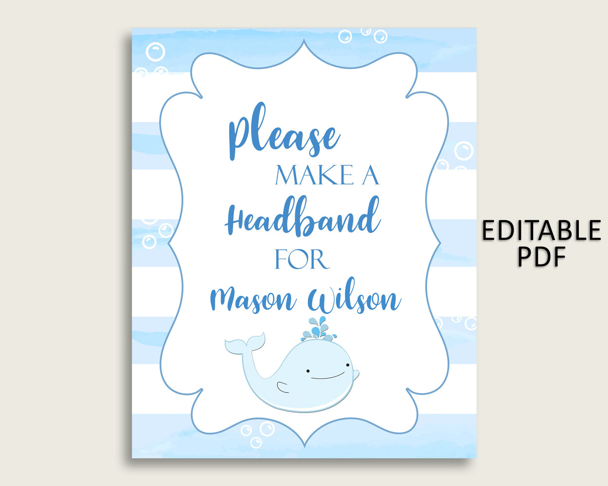 Whale Baby Shower Headband Sign, Blue White Headband Station Sign Editable, Boy Shower Headband For Baby, Instant Download, Light Blue wbl01