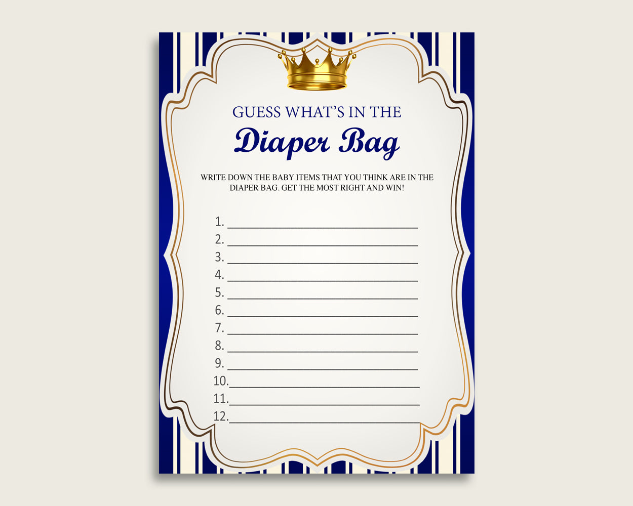 Royal Prince Guess What's In The Diaper Bag Game, Boy Baby Shower Blue Gold Diaper Game Printable, Instant Download, King Gold Crown, rp001