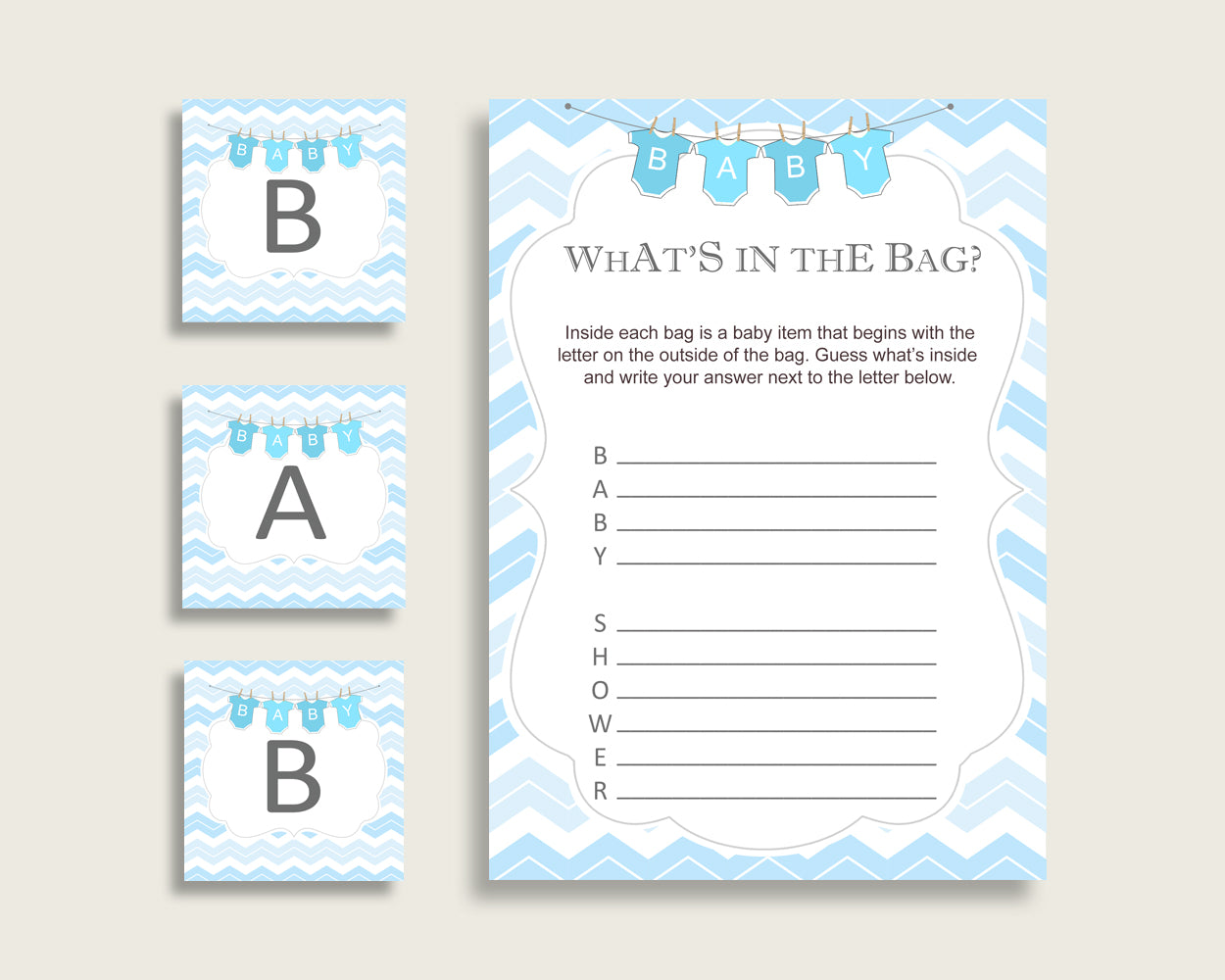 Chevron Baby Shower What's In The Bag Game, Blue White Boy Bag Game Printable, Instant Download, Stripy Lines Popular Zig Zag Theme cbl01