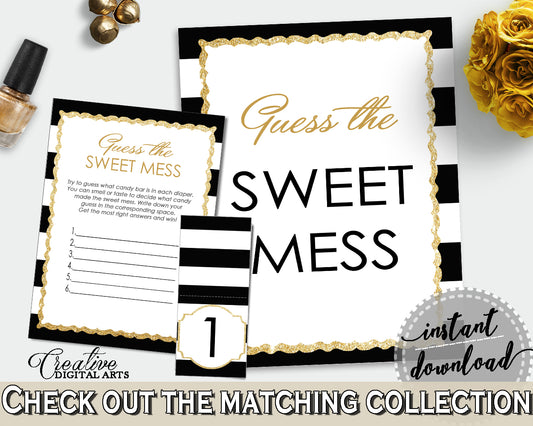 Baby shower GUESS the SWEET MESS game cards tents and sign with black stripes color theme, glitter gold, Jpg Pdf, instant download - bs001