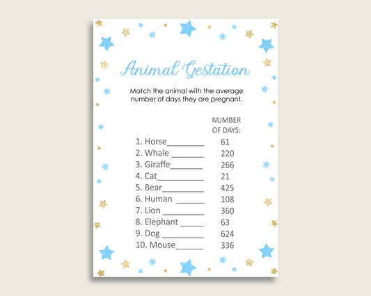 Stars Animal Pregnancy Gestation Game, Blue Gold Baby Shower Boy Printable Activities, Instant Download, Twinkle Twinkle Little Star bsr01