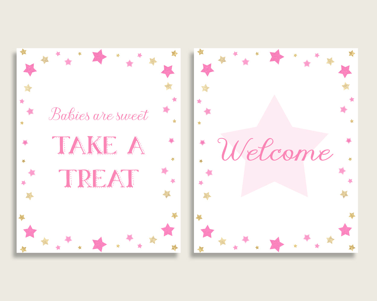 Twinkle Star Baby Shower Girl Table Signs Printable, Pink Gold Party Table Decor, Favors, Food, Drink, Treat, Guest Book, Instant bsg01