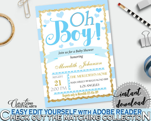 Baby Shower editable INVITATION with blue and white stripes theme, digital Jpg Pdf, instant download - bs002