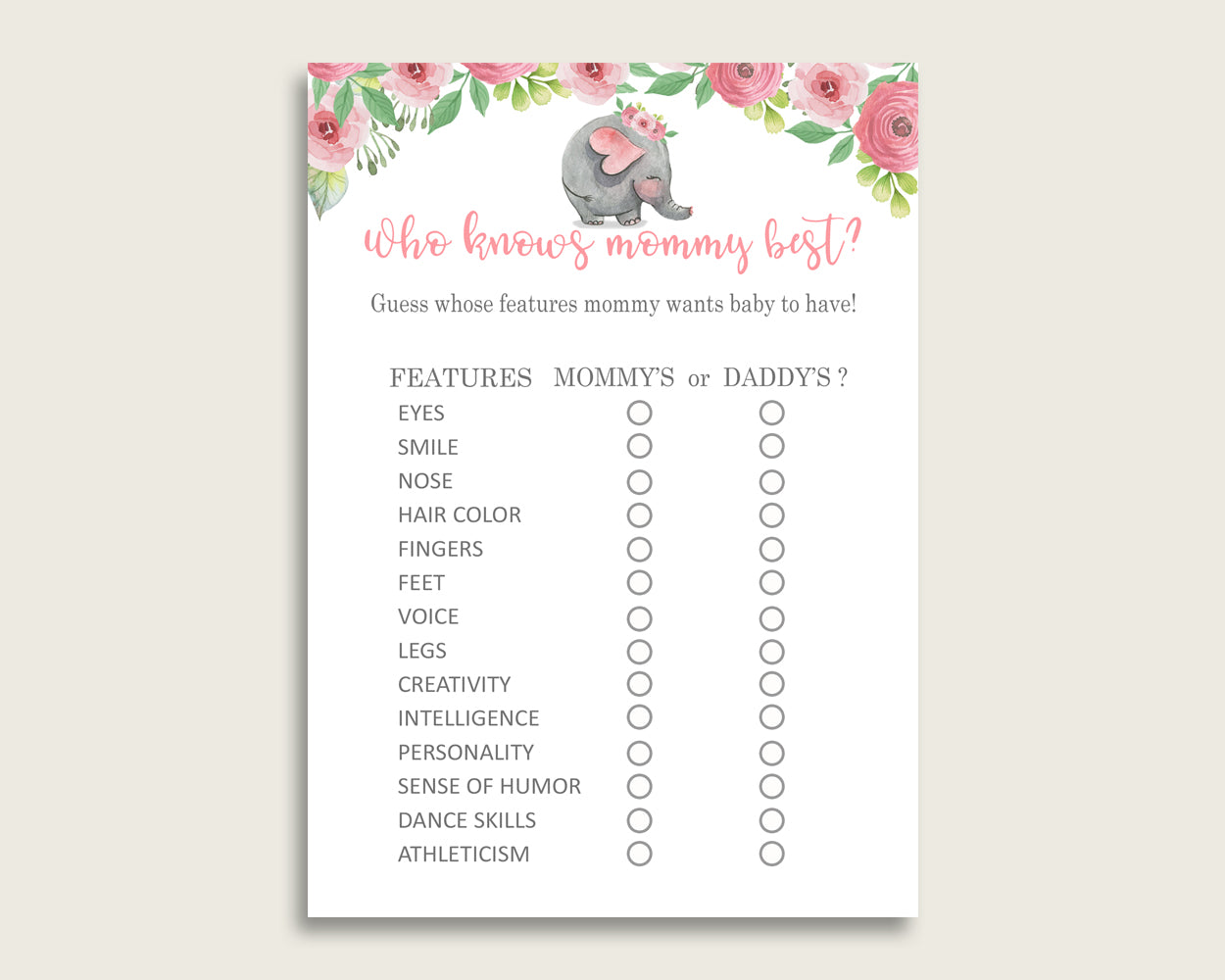 Pink Grey Who Knows Mommy Best Game, Guess The Features, Pink Elephant Baby Shower Girl, How Well Do You Know Parents To Be, Instant ep001