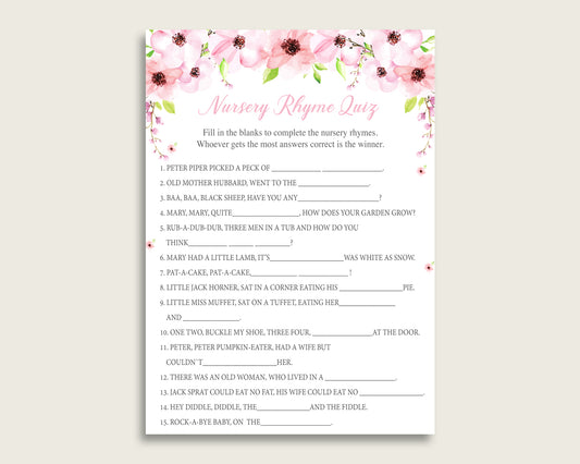 Flower Blush Nursery Rhyme Quiz Printable, Pink Green Nursery Rhyme Game, Pink Green Baby Shower Girl Activities, Instant Download, VH1KL