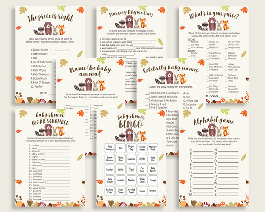 Woodland Baby Shower Games Printable Pack, Brown Beige Baby Shower Games Package Gender Neutral, Fall Games Bundle Set, Instant w0001