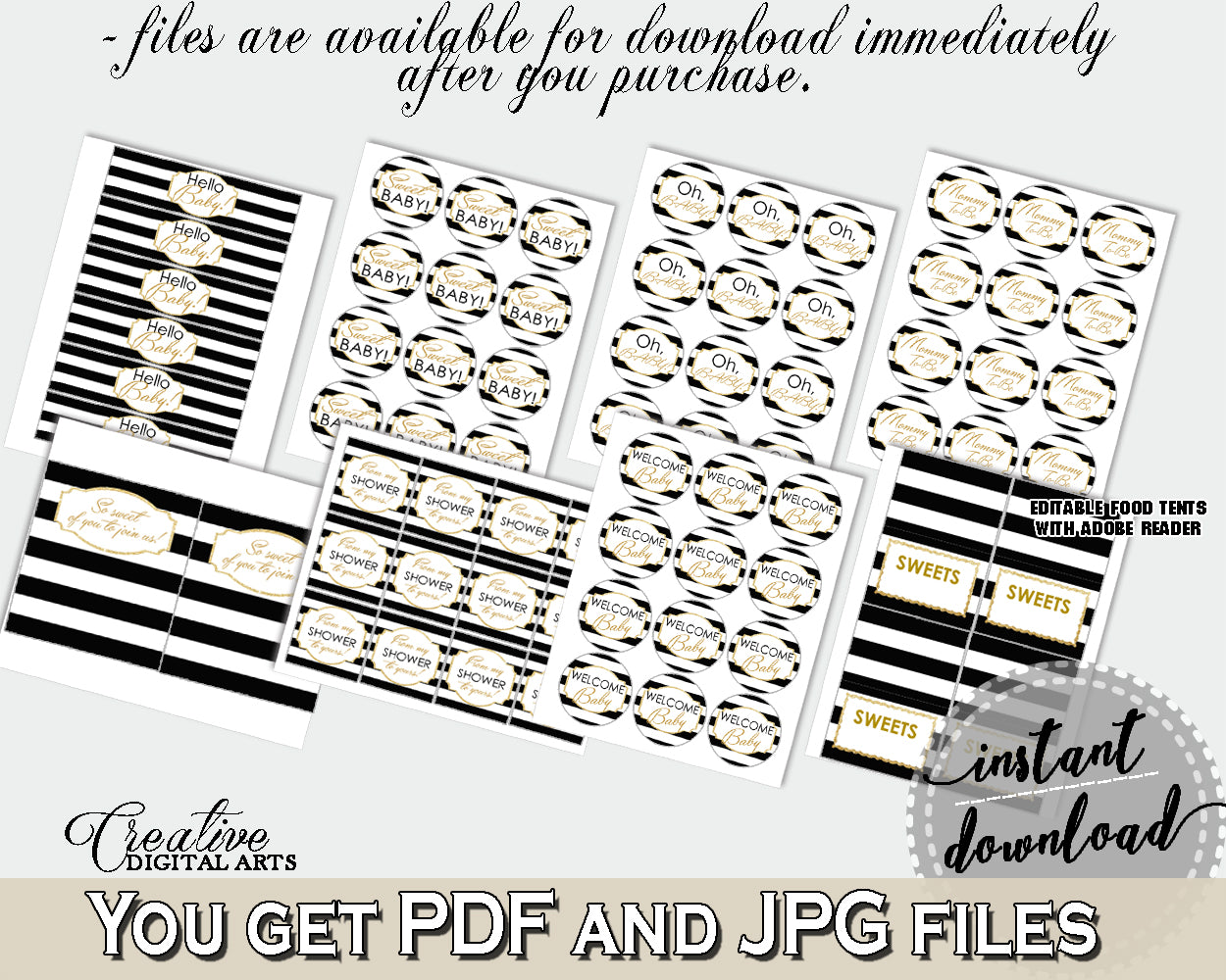 Baby Shower Decoration package bundle printable with Black Stripes for girls or boys, digital Jpg Pdf - Instant Download - bs001