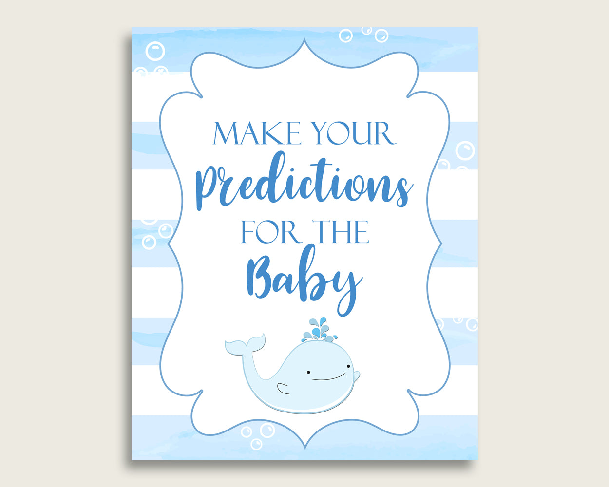 Whale Baby Shower Prediction Cards & Sign Printable, Blue White Baby Prediction Game Boy, Instant Download, Watercolor Stripes Summer wbl01