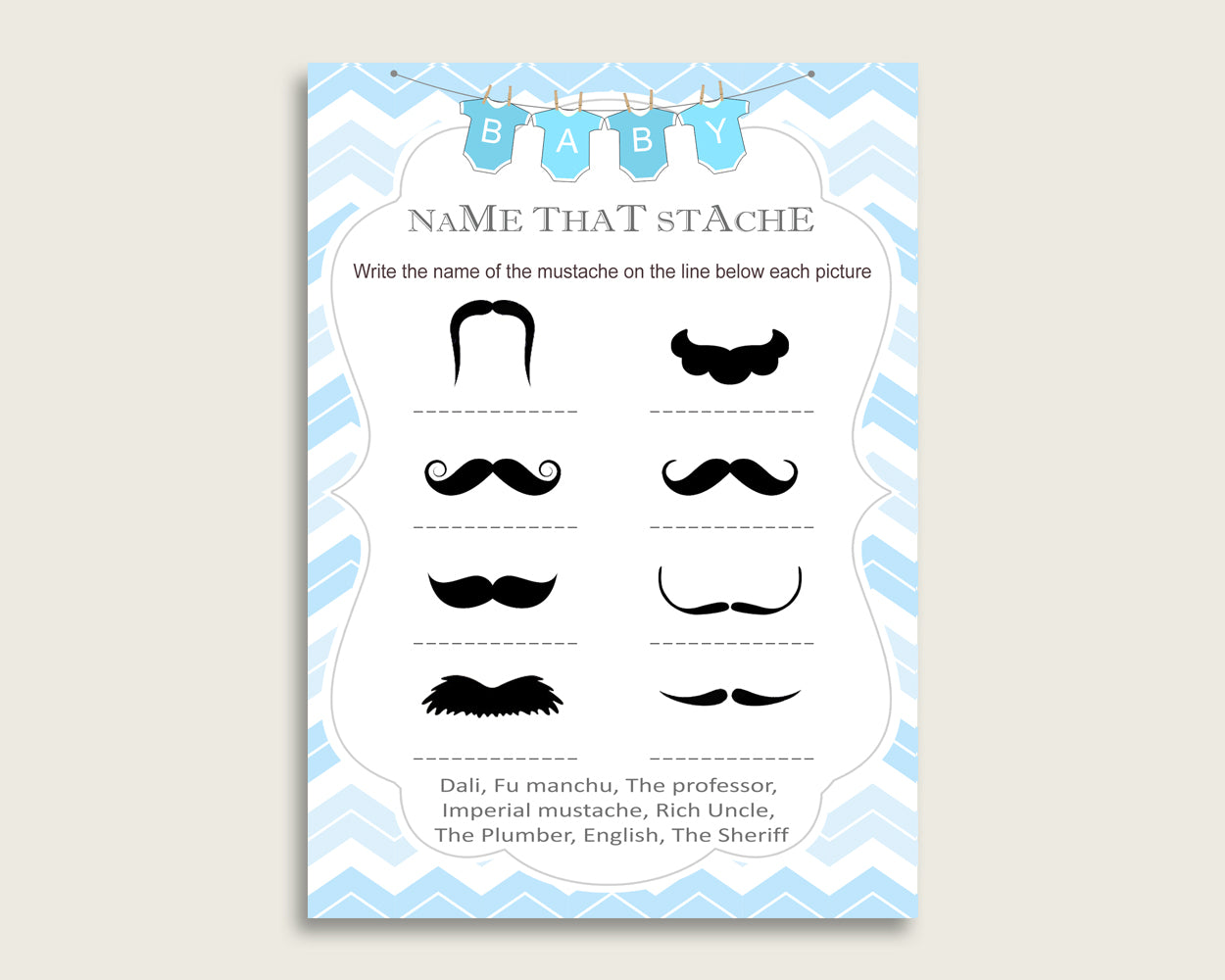 Name That Stache Baby Shower Name That Stache Chevron Baby Shower Name That Stache Blue White Baby Shower Chevron Name That Stache cbl01