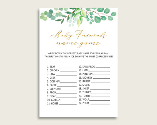 Greenery Name The Baby Animals Game Printable, Green Gold Baby Shower Animal Game, Gender Neutral Baby Shower, Instant Download, Y8X33