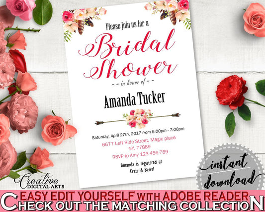 Editable Bridal Shower Invitation in Bohemian Flowers Bridal Shower Pink And Red Theme, bridal editable, printable files, prints - 06D7T - Digital Product