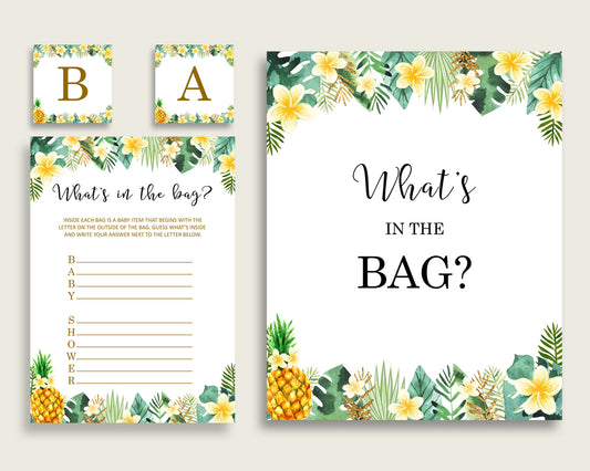 Tropical Baby Shower What's In The Bag Game, Green Yellow Gender Neutral Bag Game Printable, Instant Download, Popular Hawaiian Luau 4N0VK