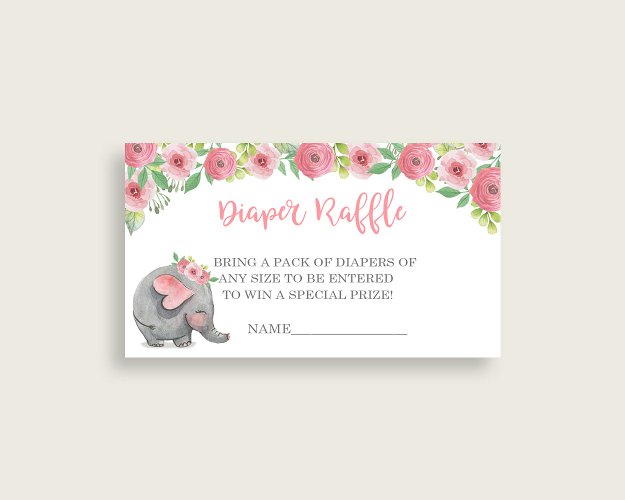 Pink Elephant Baby Shower Diaper Raffle Tickets Game, Girl Pink Grey Diaper Raffle Card Insert and Sign Printable, Instant Download ep001