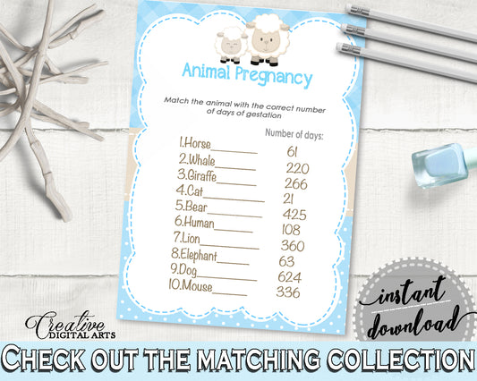 Little Lamb Baby Shower Boy ANIMAL GESTATION game with blue chevron theme sheep, digital files pdf jpg, instant download - fa001