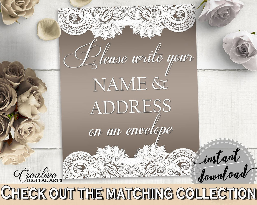 Brown And Silver Traditional Lace Bridal Shower Theme: Write Your Name And Address Sign - letter address, grey theme, party decor - Z2DRE - Digital Product