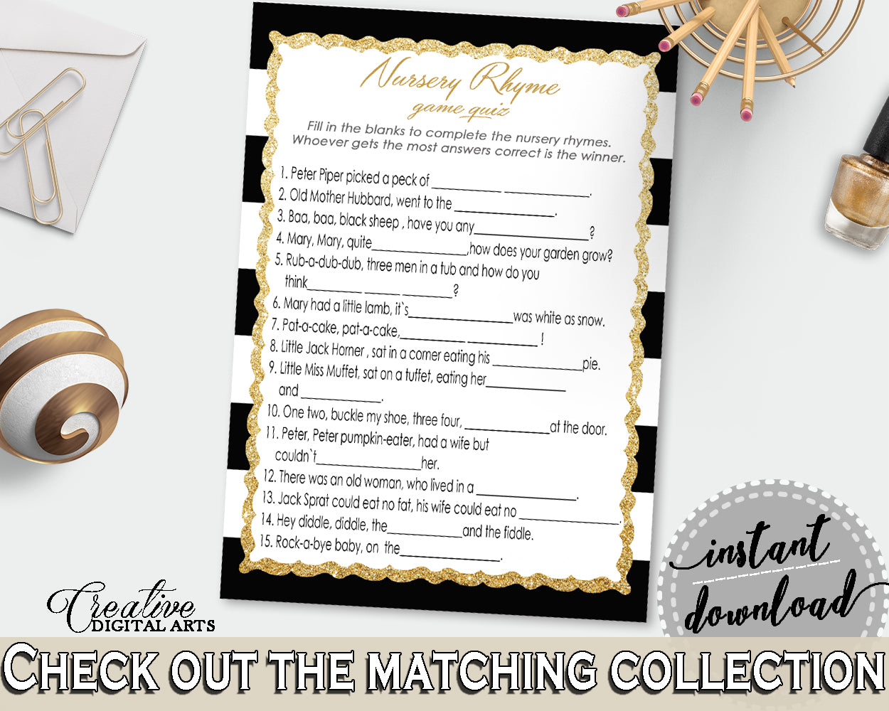 Baby Shower NURSERY RHYME QUIZ game with black white stripes color theme printable, glitter gold, digital files, instant download - bs001