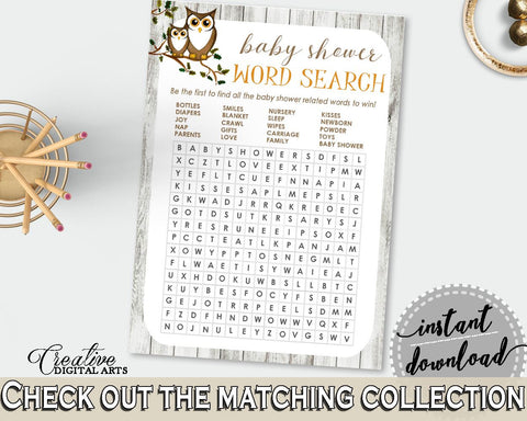Word Search Baby Shower Word Search Owl Baby Shower Word Search Baby Shower Owl Word Search Gray Brown shower celebration - 9PUAC - Digital Product