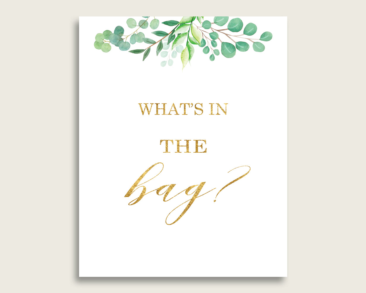 Greenery Baby Shower What's In The Bag Game, Green Gold Gender Neutral Bag Game Printable, Instant Download, Botanical Floral Y8X33