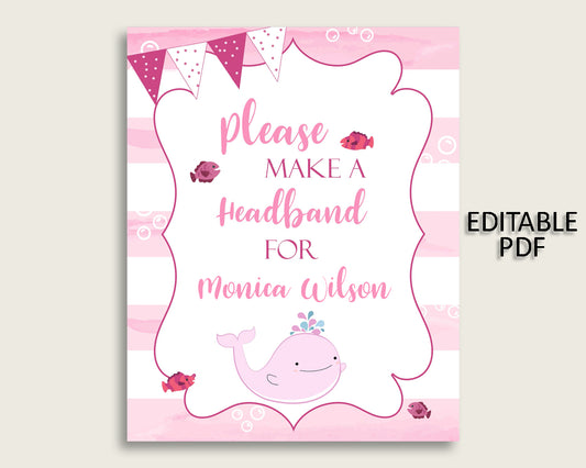 Pink Whale Baby Shower Headband Sign, Pink White Headband Station Sign Editable, Girl Shower Headband For Baby, Instant Download, wbl02