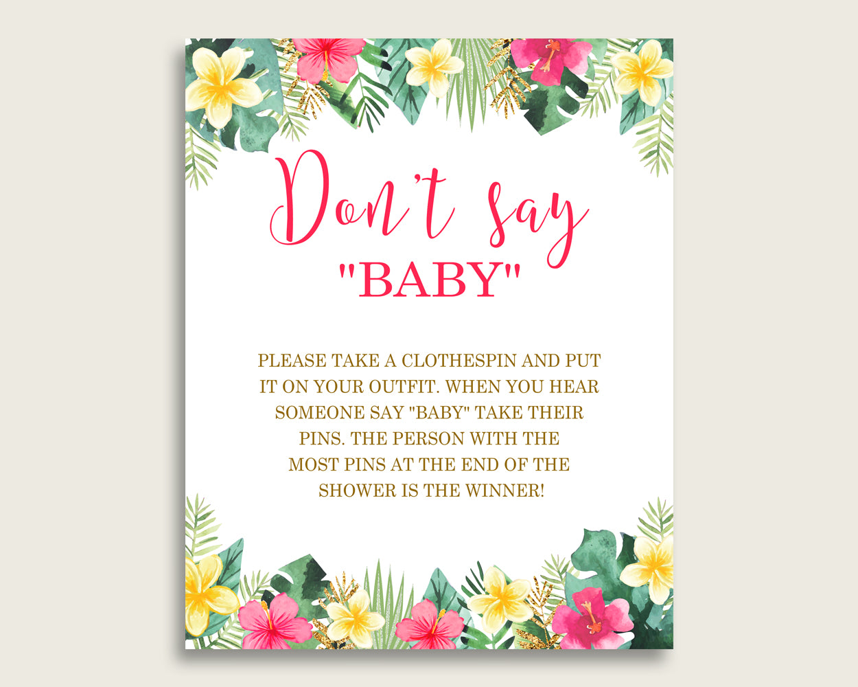 Pink Green Don't Say Baby Printable Game, Girl Baby Shower Hawaiian Game Sign, Instant Download, 8x10, Luau Aloha Summer Theme 955MG