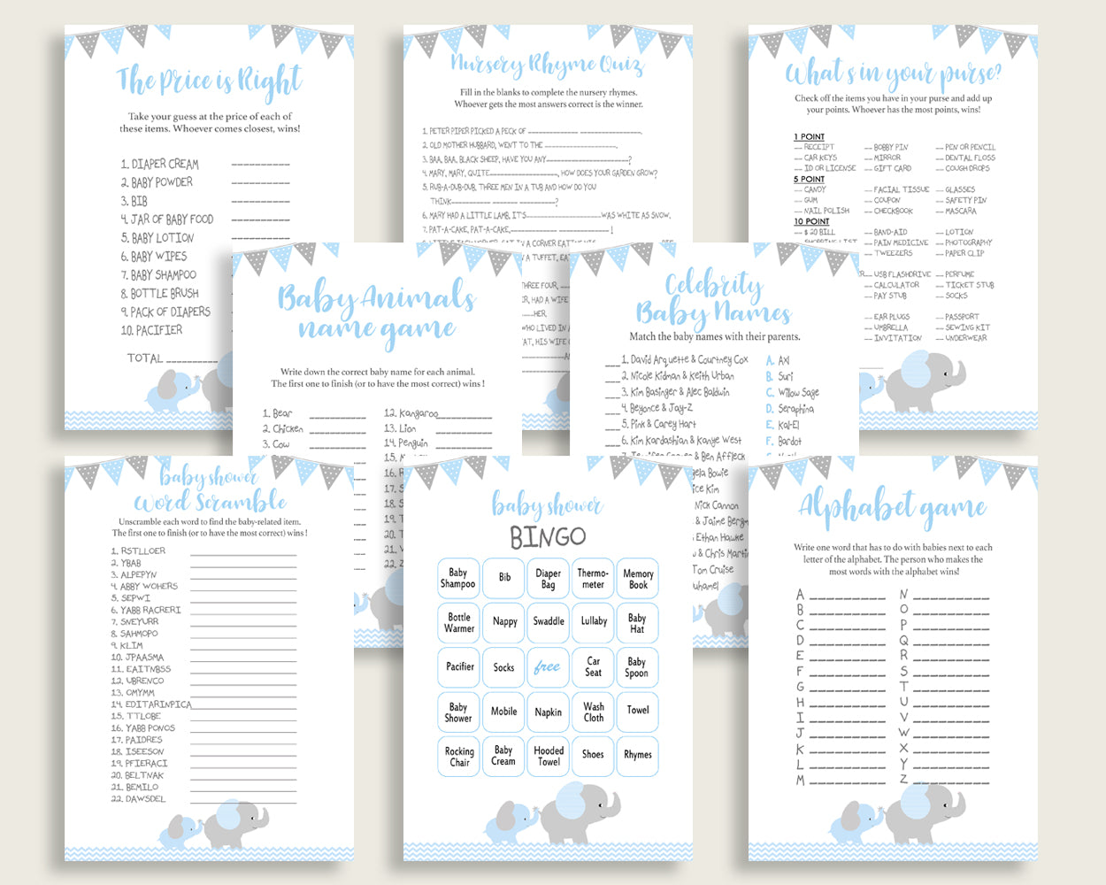 Elephant Baby Shower Games Printable Pack, Blue Grey Baby Shower Games Package Boy, Elephant Games Bundle Set, Instant Download, ebl02