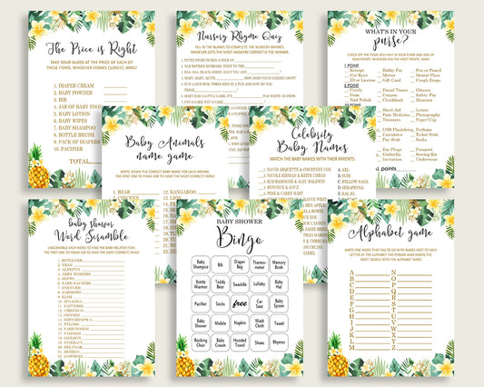 Tropical Baby Shower Games Printable Pack, Green Yellow Baby Shower Games Package Gender Neutral, Tropical Games Bundle Set, Instant 4N0VK