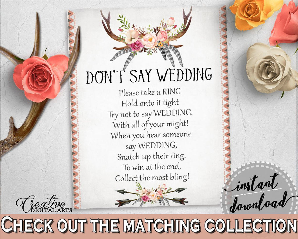 Don't Say Wedding Game in Antlers Flowers Bohemian Bridal Shower Gray and Pink Theme, wedding game, vintage shower, printables - MVR4R - Digital Product