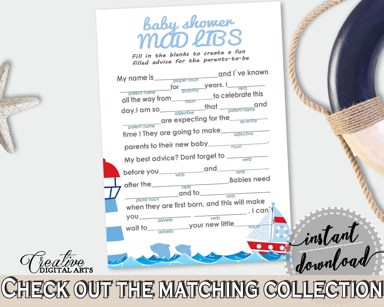 Mad Libs Baby Shower Mad Libs Nautical Baby Shower Mad Libs Baby Shower Nautical Mad Libs Blue Red party supplies - DHTQT - Digital Product