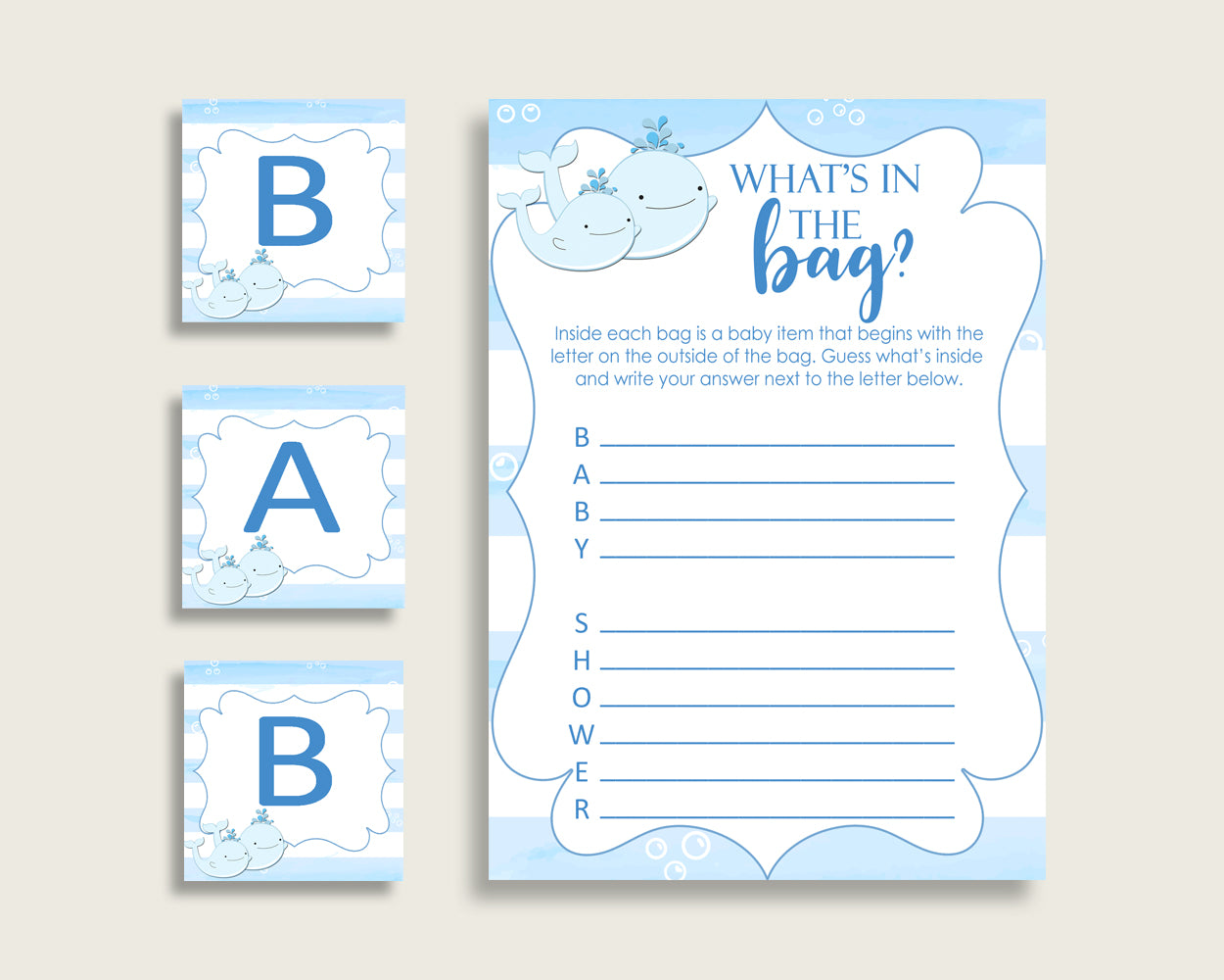 Whale Baby Shower What's In The Bag Game, Blue White Boy Bag Game Printable, Instant Download, Nautical Sea Watercolor Stripes wbl01