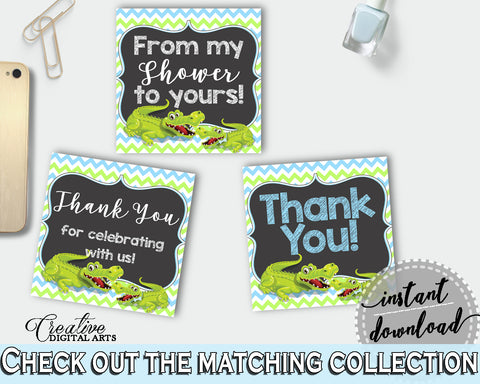 Baby shower THANK YOU favor tags square printable with green alligator and blue color theme for boys, instant download - ap002