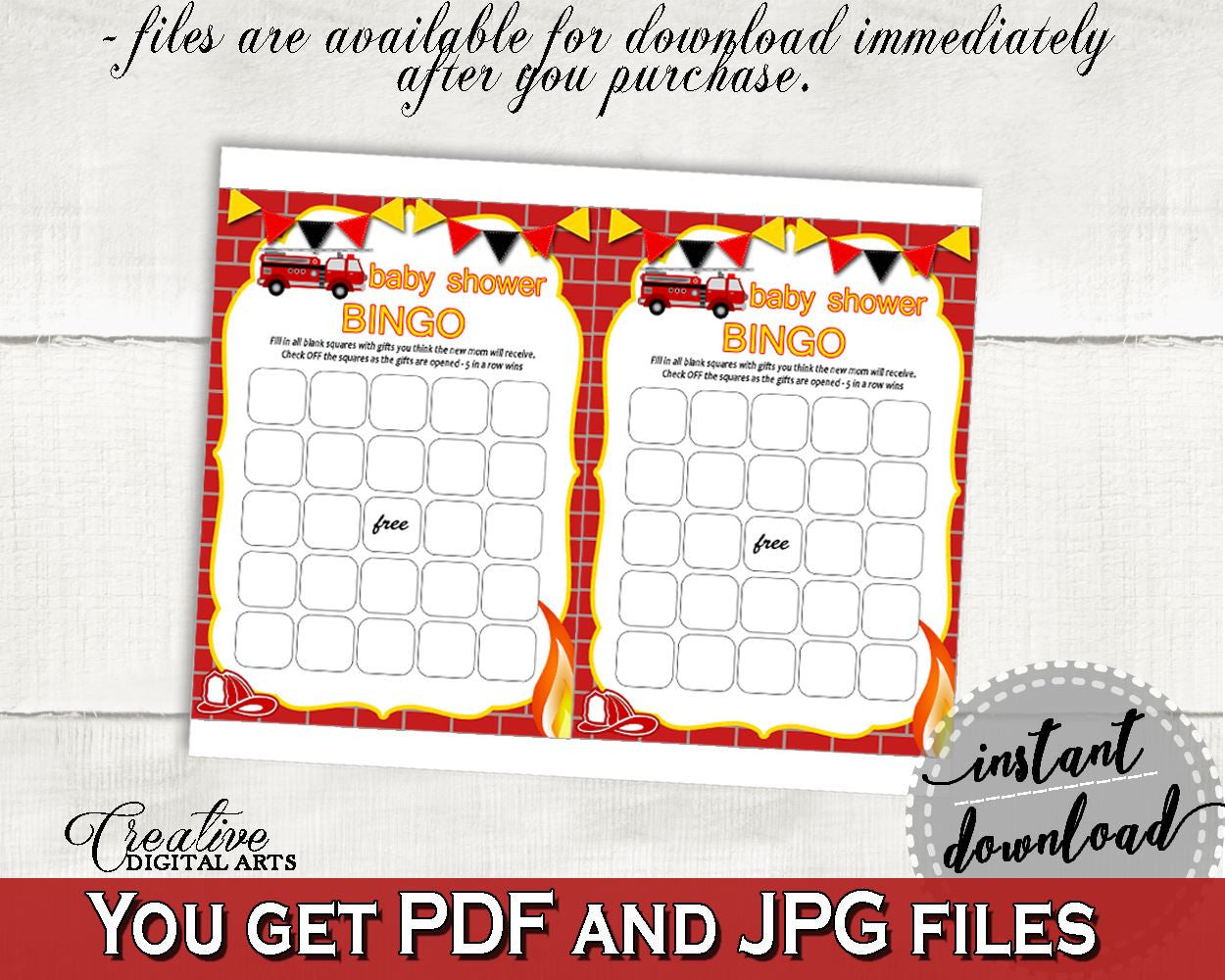 Empty Bingo Baby Shower Empty Bingo Fireman Baby Shower Empty Bingo Red Yellow Baby Shower Fireman Empty Bingo - LUWX6 - Digital Product