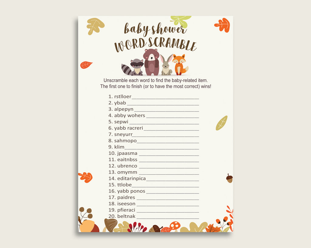 Gender Neutral Baby Shower Word Scramble Game Printable, Cute Woodland Brown Beige Word Scramble, Funny Activity, Instant Download, w0001