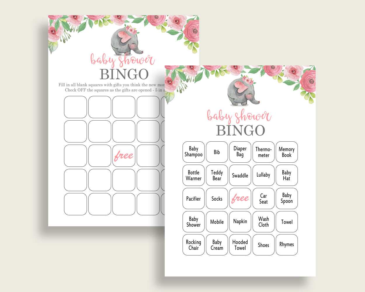 Pink Elephant Baby Shower Bingo Cards Printable, Pink Grey Baby Shower Girl, 60 Prefilled Bingo Game Cards, Mammoth Safari Theme ep001