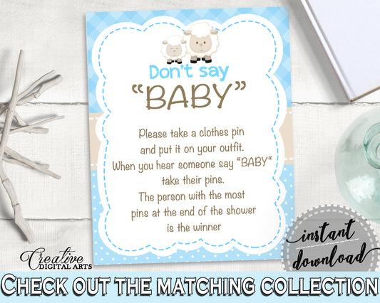 Little Lamb Baby Shower Boy DON'T SAY BABY game sheep printable blue theme, digital files, jpg pdf, instant download - fa001