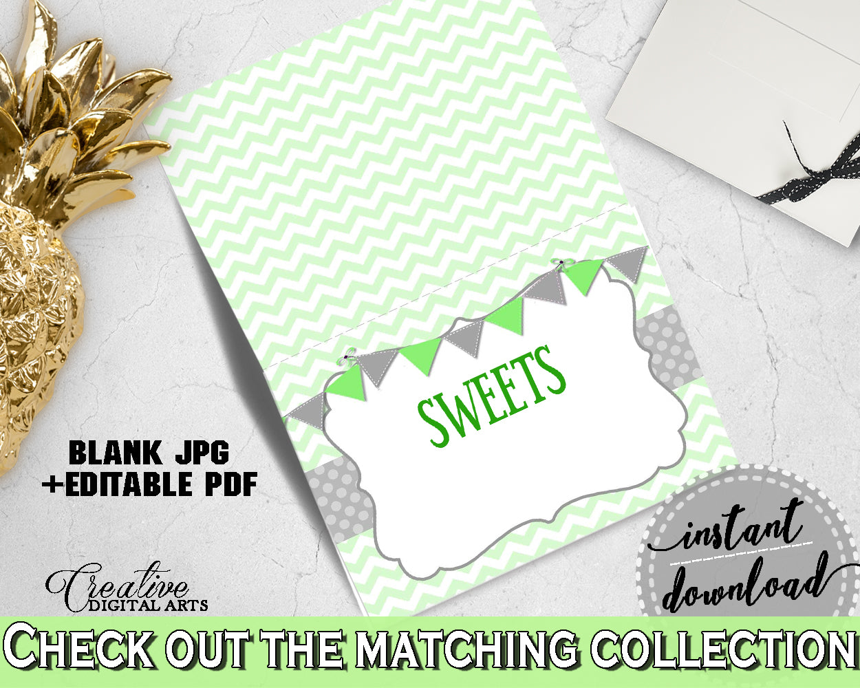 Baby shower Place CARDS or FOOD TENTS editable printable with chevron green theme baby girl or boy, digital files, instant download - cgr01