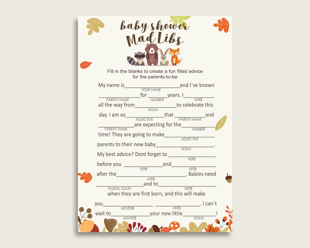 Brown Beige Mad Libs Baby Shower Gender Neutral Game Printable, Woodland Mad Libs Fun Activity, DIY digital file, Racoon Fox Rabbit w0001