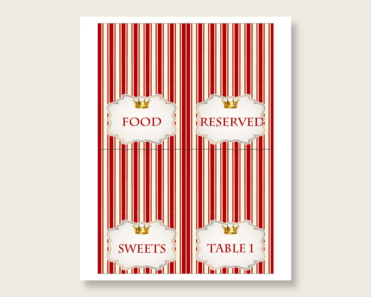 Prince Folded Food Tent Cards Printable, Red Gold Editable Pdf Buffet Labels, Boy Baby Shower Food Place Cards, Instant Download, 92EDX