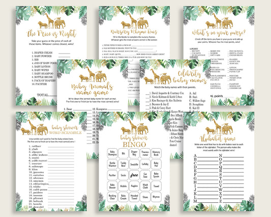 Jungle Baby Shower Games Printable Pack, Gold Green Baby Shower Games Package Gender Neutral, Jungle Games Bundle Set, Instant EJRED